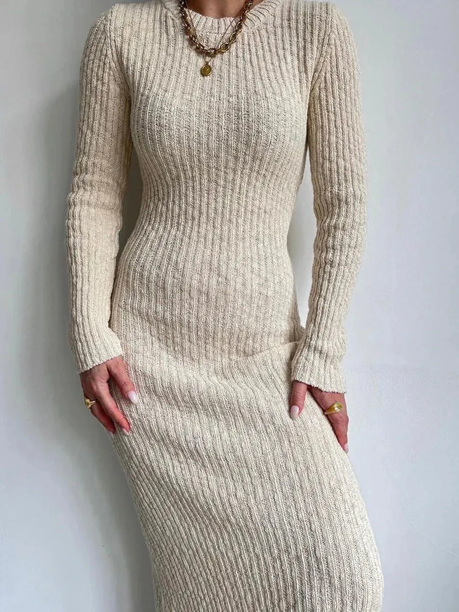 2024 Casual Solid Knit Round Neck Long Sleeve Sweater Bodycon Dress