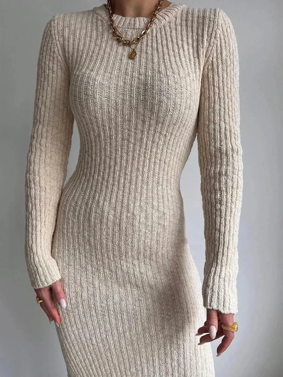 2024 Casual Solid Knit Round Neck Long Sleeve Sweater Bodycon Dress