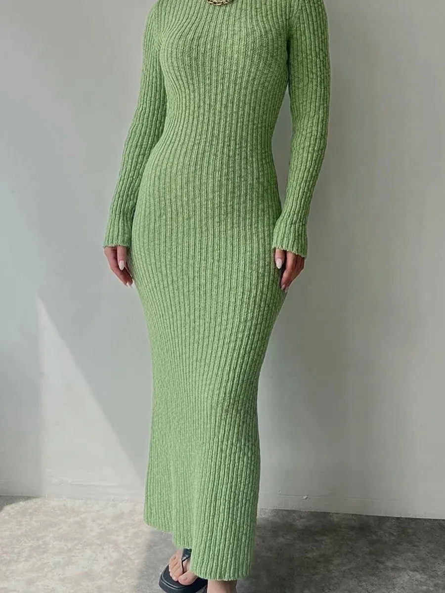 2024 Casual Solid Knit Round Neck Long Sleeve Sweater Bodycon Dress