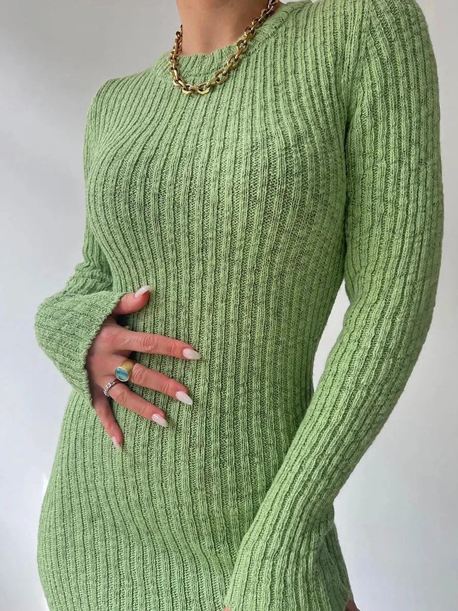 2024 Casual Solid Knit Round Neck Long Sleeve Sweater Bodycon Dress