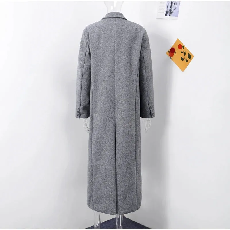 Chic Street Casual Women's Coat Woolen Notched Double Breasted Elegant Back Split