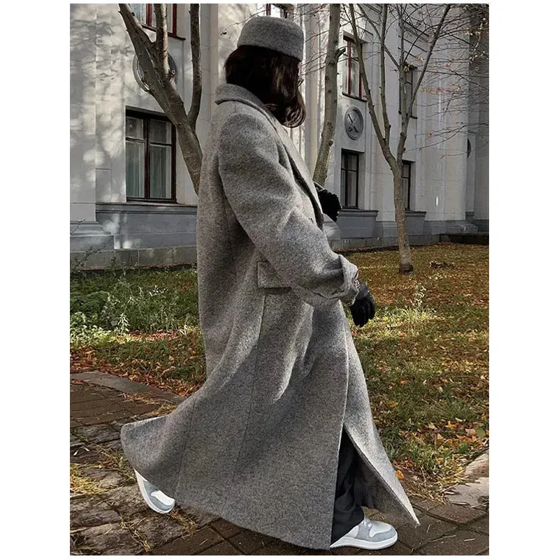 Chic Street Casual Women's Coat Woolen Notched Double Breasted Elegant Back Split