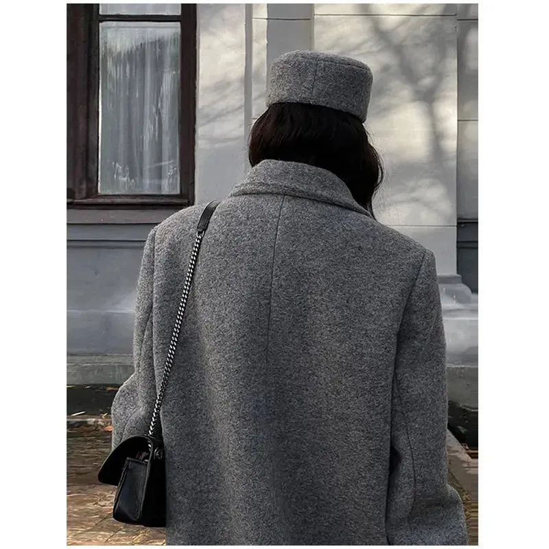 Chic Street Casual Women's Coat Woolen Notched Double Breasted Elegant Back Split