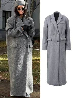 Chic Street Casual Women's Coat Woolen Notched Double Breasted Elegant Back Split