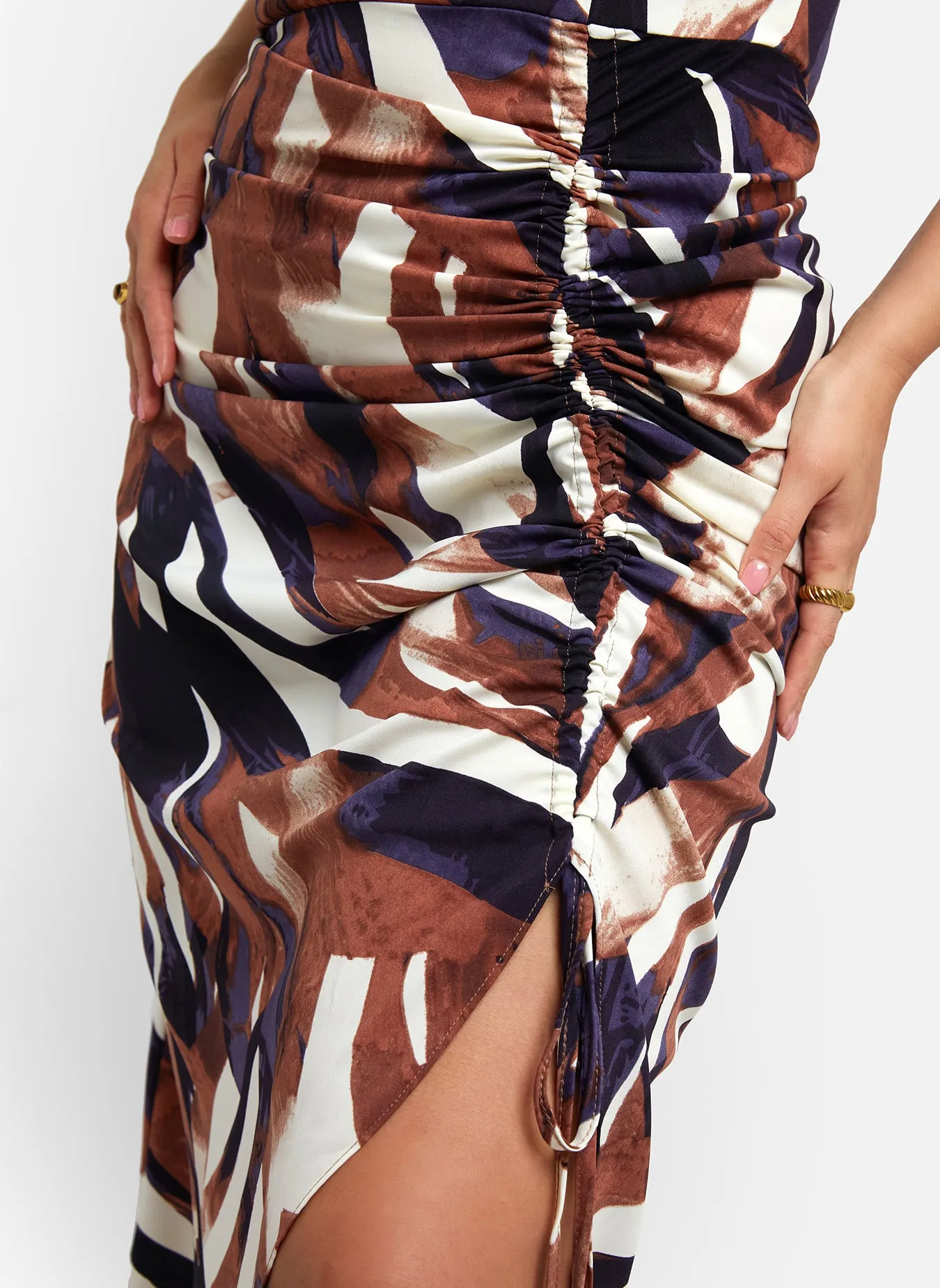 Colette Abstract Print Adjustable Ruched Midi Bodycon Dress