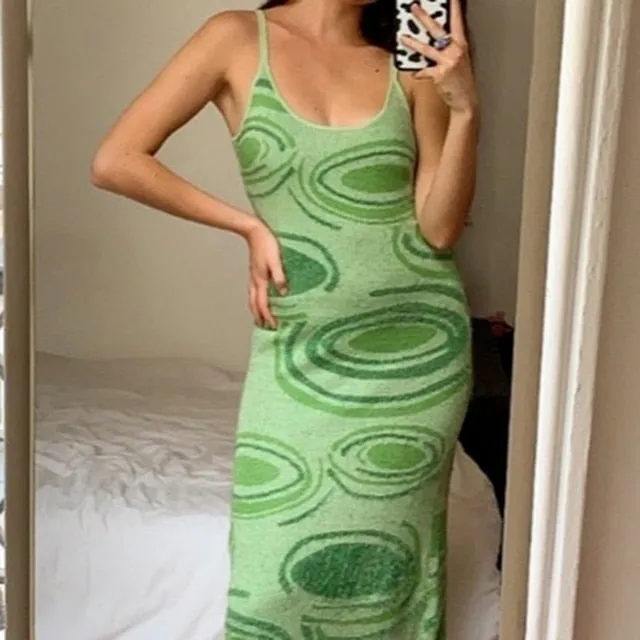 deanwangkt Sexy Print Knit Bodycon Dress Women Green Y2K Party Dress Hollow Out Sleeveless Spaghetti Strap Beach Midi Dresses Summer