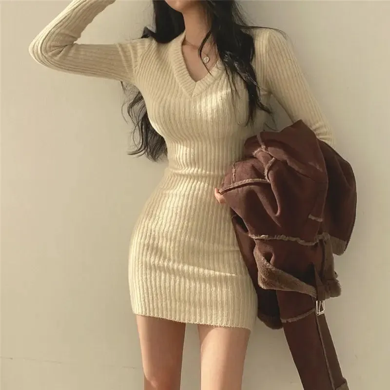 DressBetty - 2024 Sexy V-neck Long-sleeved Knitted Bodycon Dress