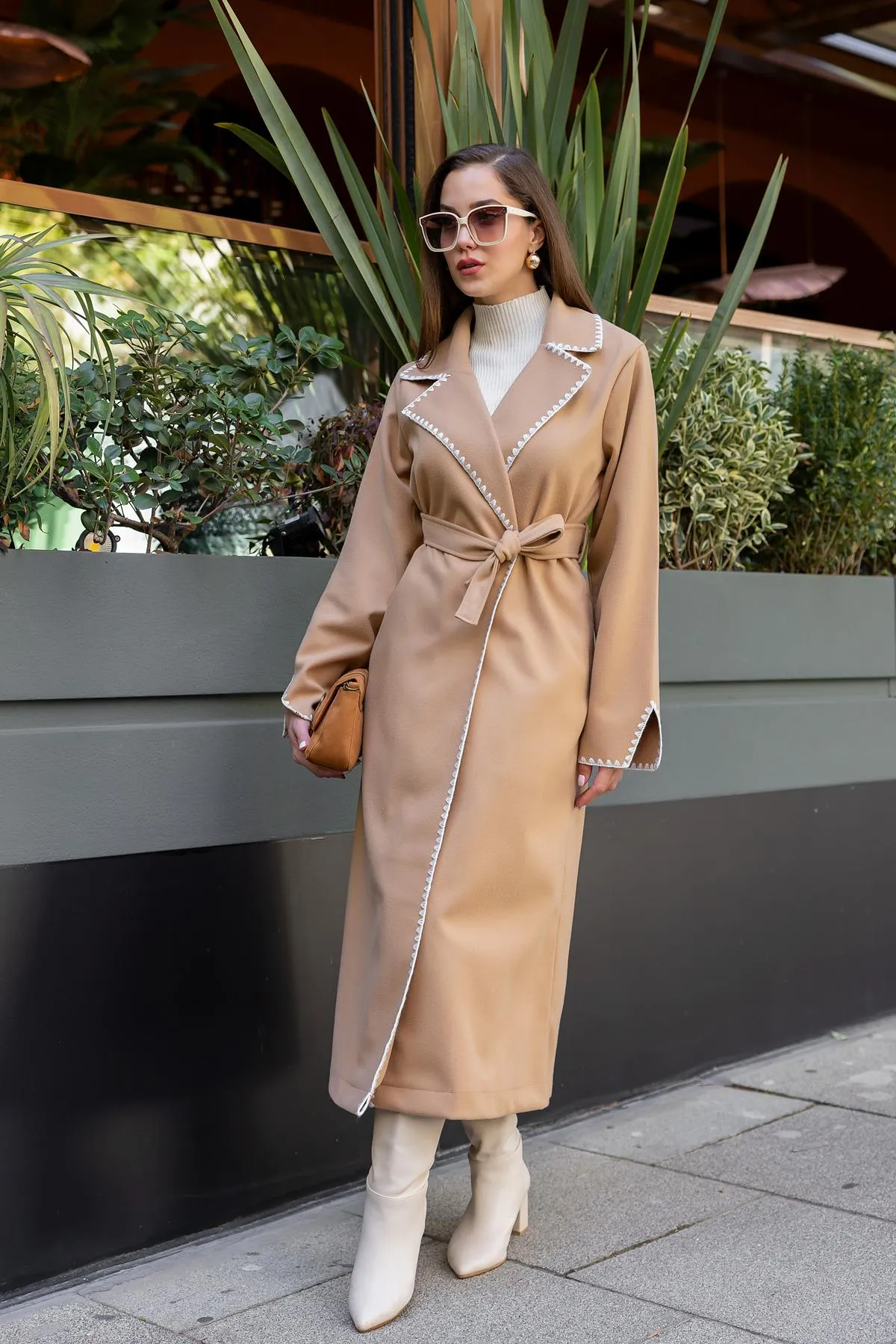 Embroidered Long Coat - LIGHT BEIGE