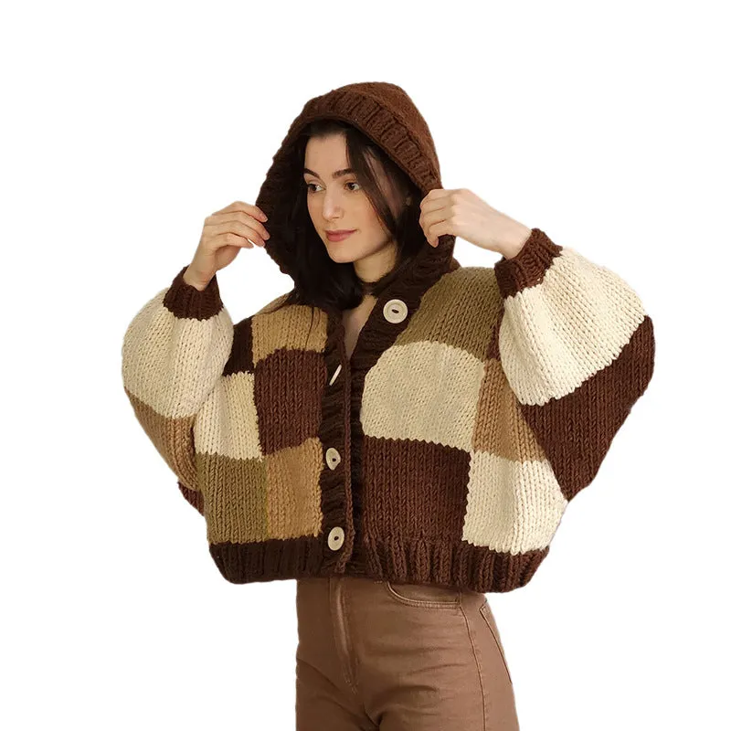 Flytonn-Fall Outfits Women Outwear Streetwear  fall outfits women 2024 Autumn and Winter New Women's Fashion Plaid Hooded round Neck Button Cardigan Knitted Short Coat