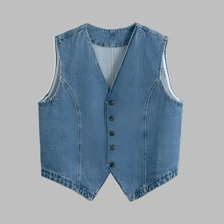 Flytonn-Fall Outfits Women Outwear Streetwear -Womens Denim Vest Sleeveless V Neck Button Down Jean Waistcoat Jacket Y2K Summer Crop Tops