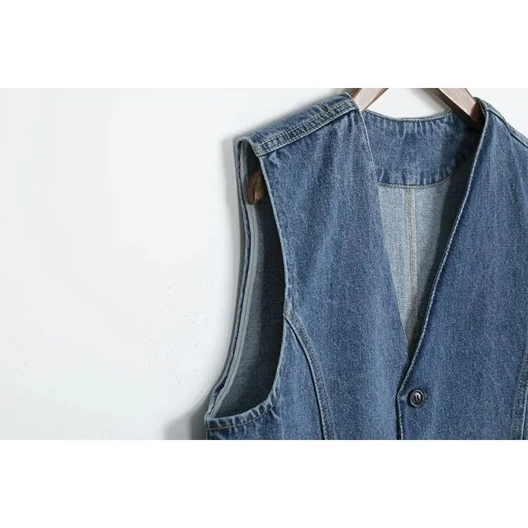 Flytonn-Fall Outfits Women Outwear Streetwear -Womens Denim Vest Sleeveless V Neck Button Down Jean Waistcoat Jacket Y2K Summer Crop Tops