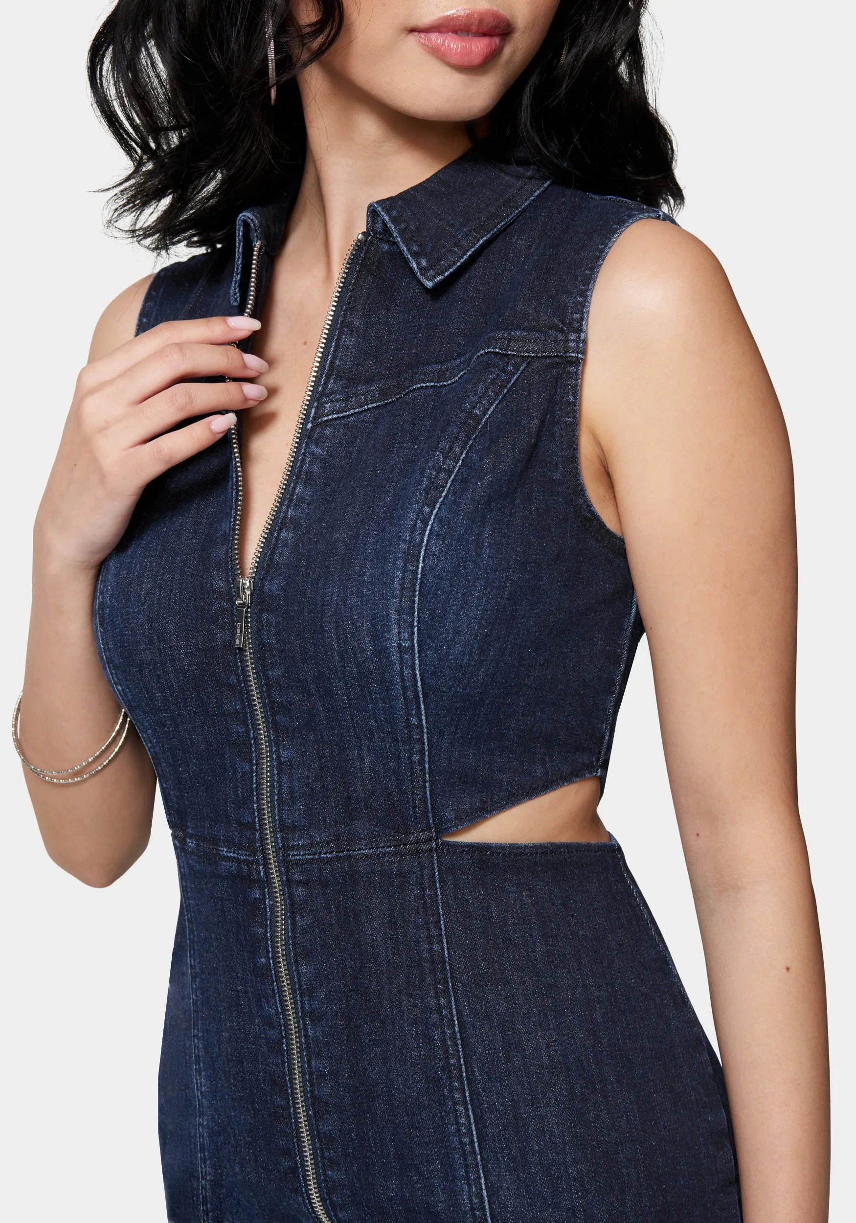 Front Zip Side Cut Out Denim Dress