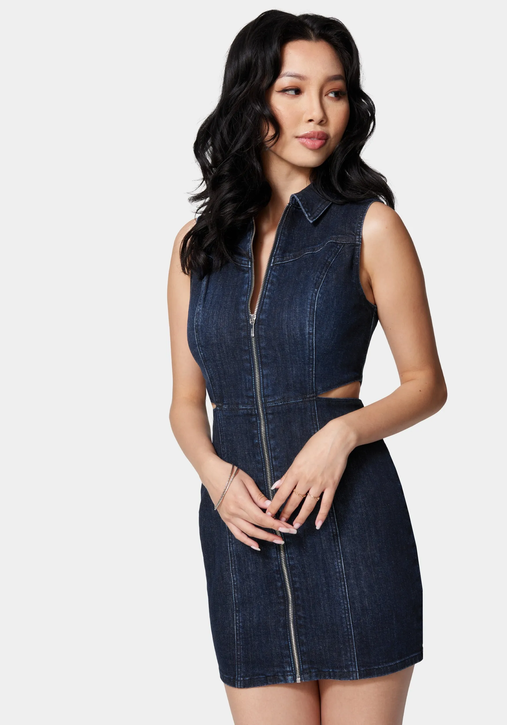 Front Zip Side Cut Out Denim Dress