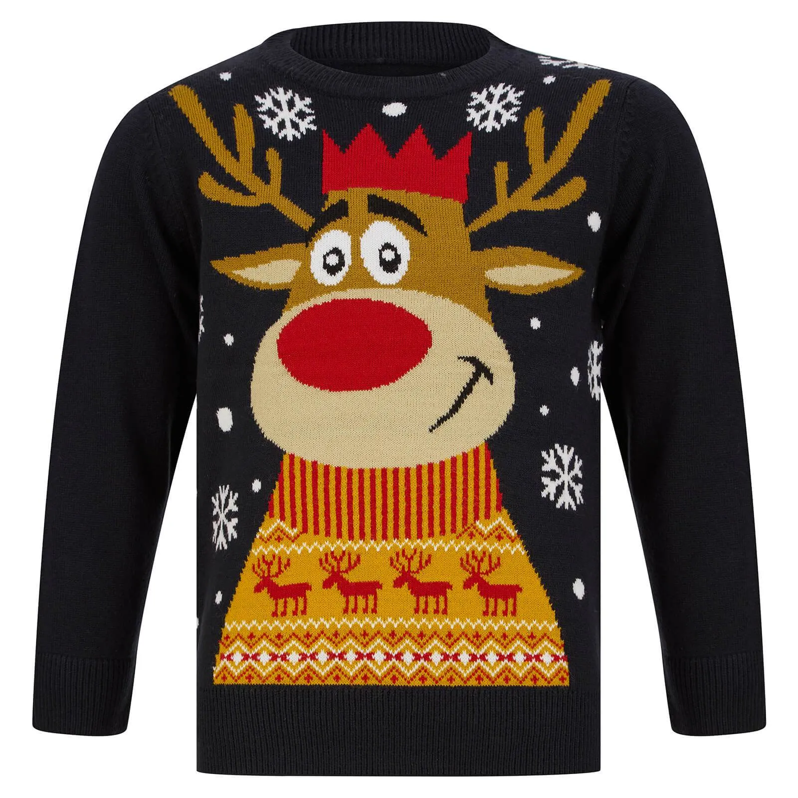 Kids Christmas Jumper Smiling Reindeer Snowflakes Fair Isle