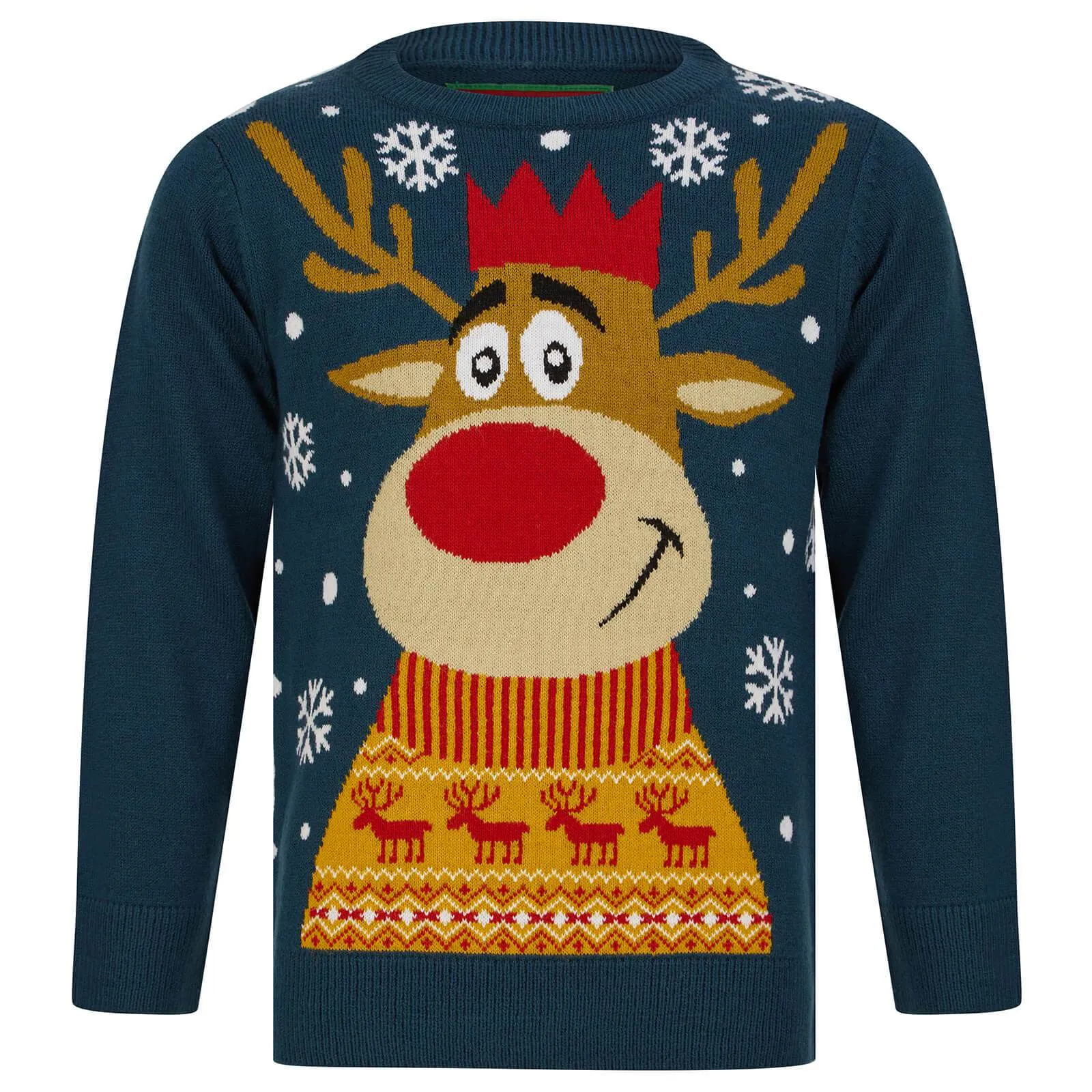 Kids Christmas Jumper Smiling Reindeer Snowflakes Fair Isle