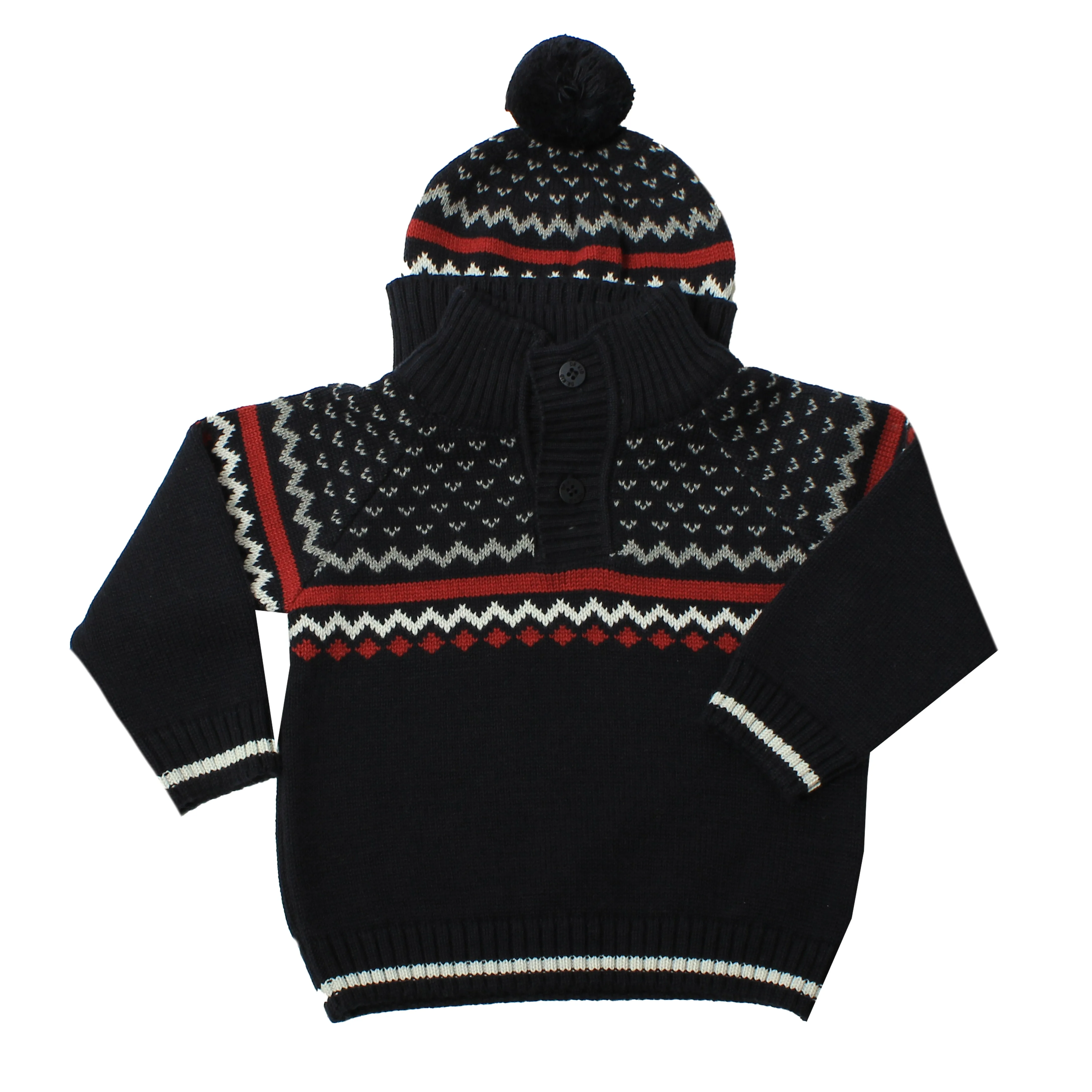 Navy and Red Knit Fairisle Sweater with Hat