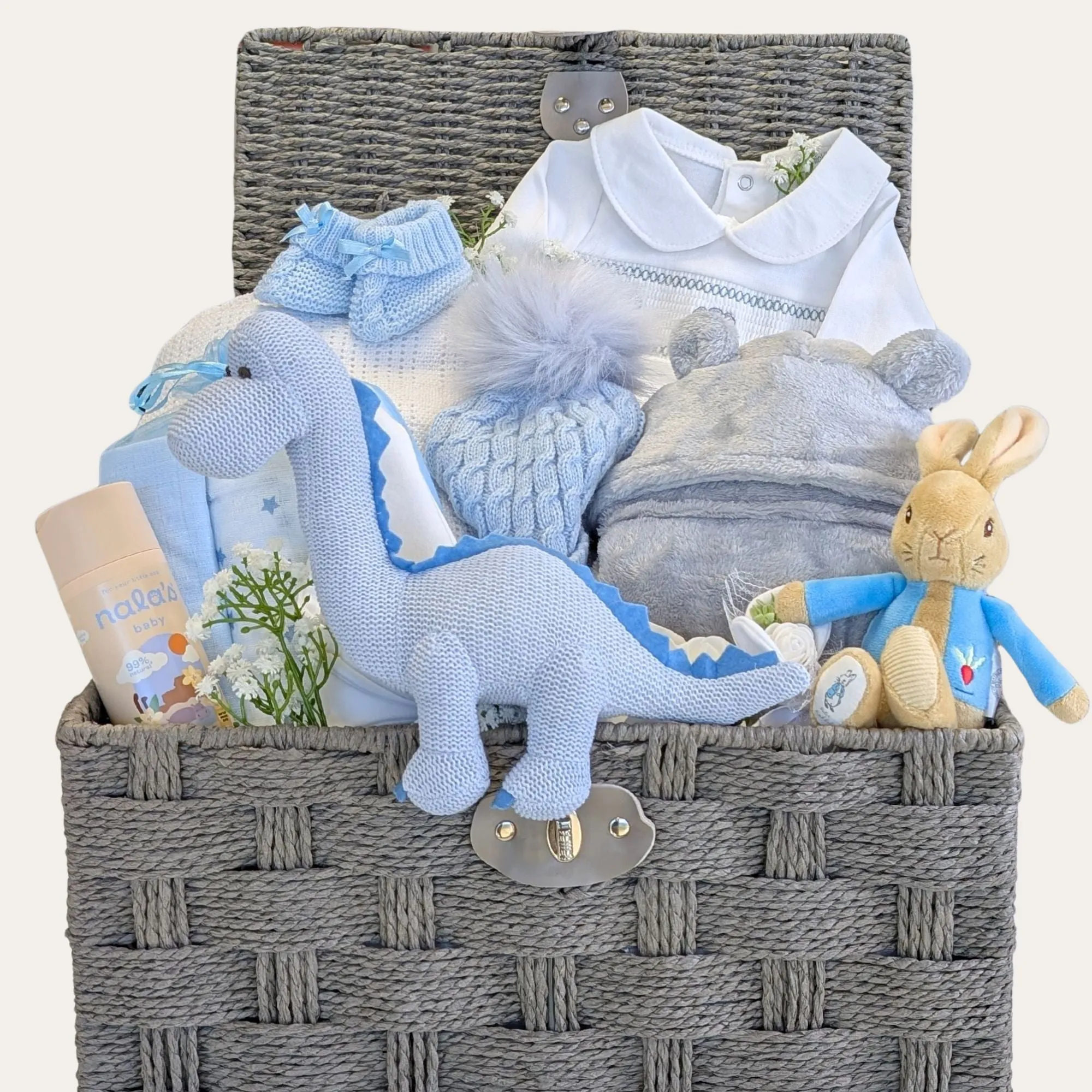 Personalised Organic Knit Dinosaur & Beatrix Potter Baby Boy Hamper