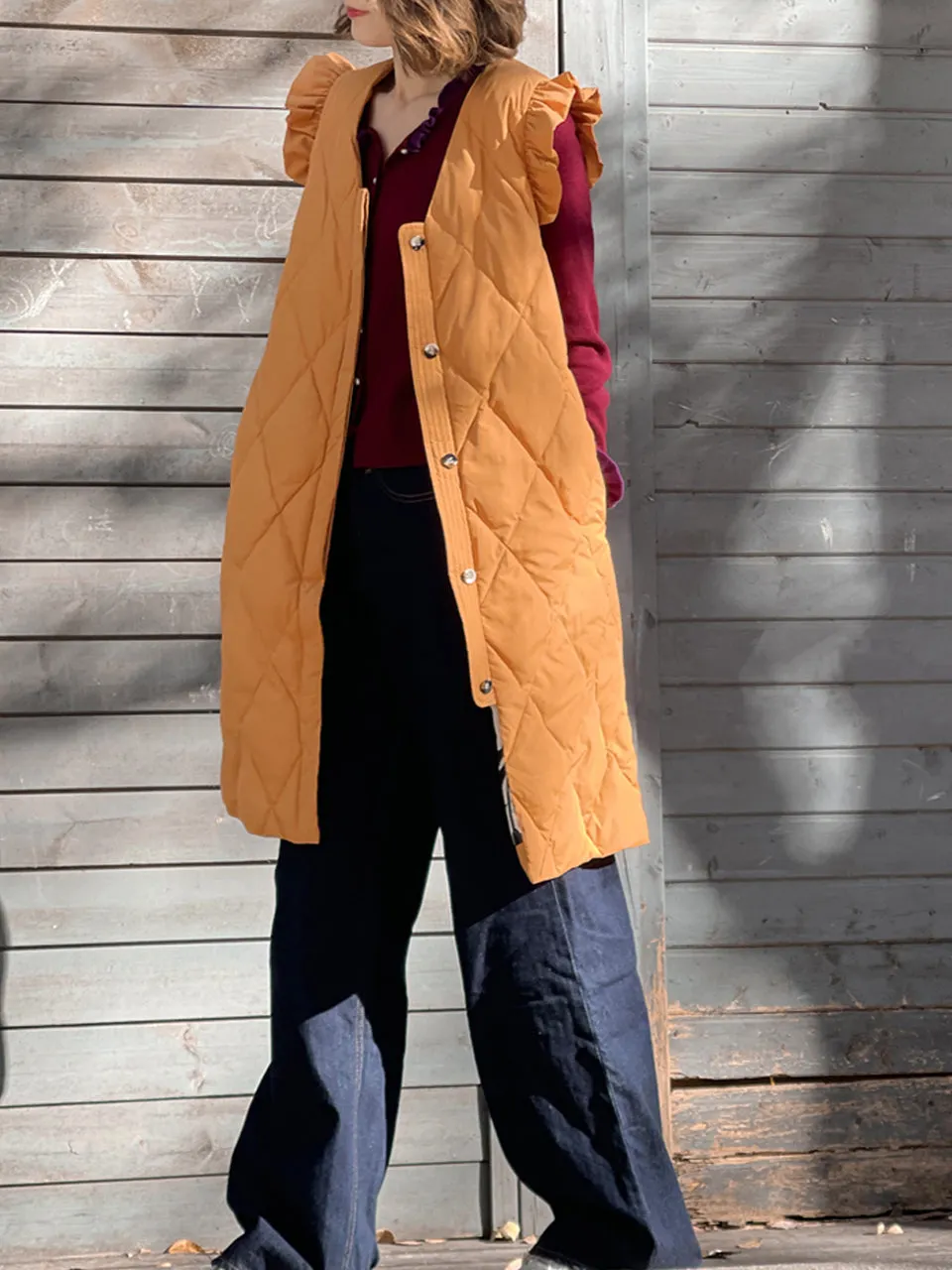 Surprise Sale! Marmalade Frill Shoulder Longline Quilted Down Vest