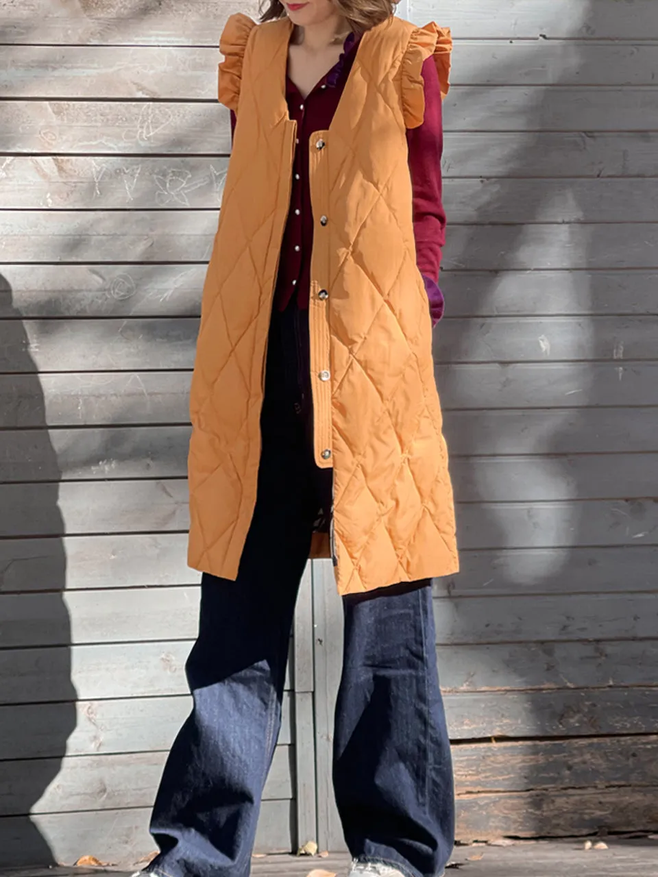 Surprise Sale! Marmalade Frill Shoulder Longline Quilted Down Vest