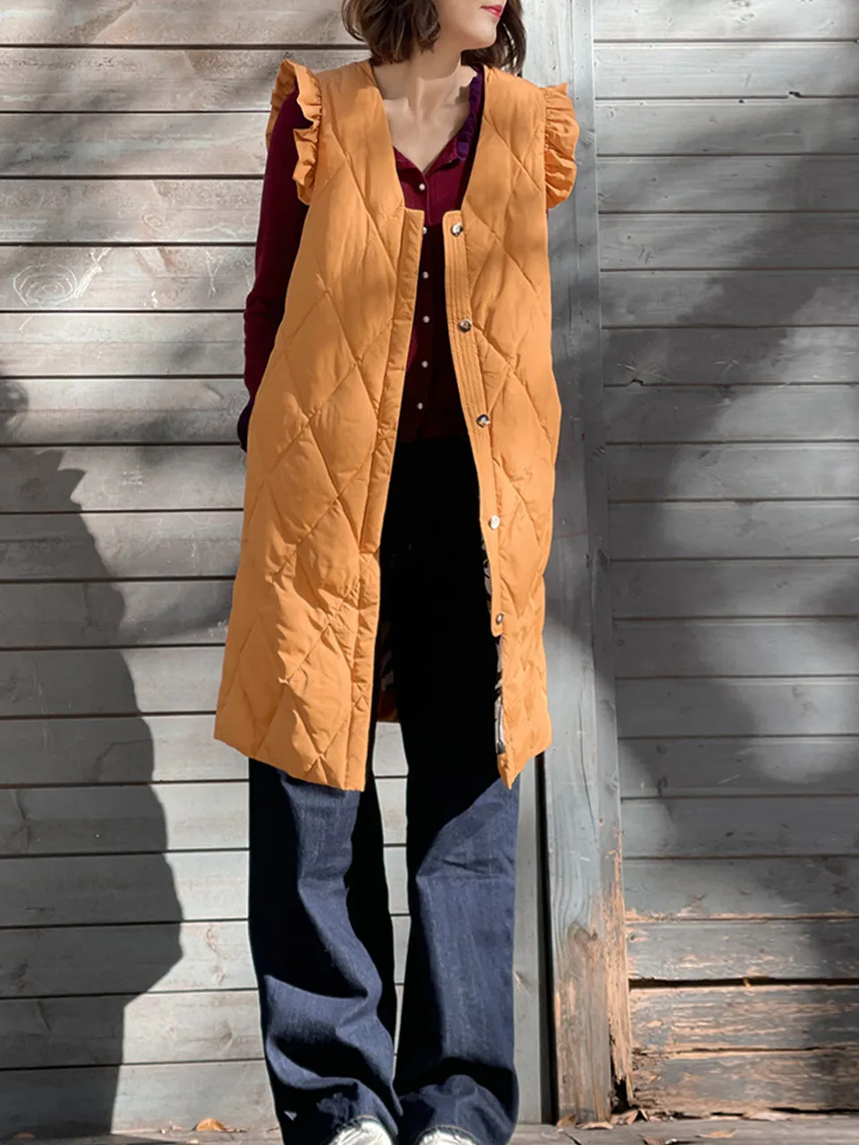 Surprise Sale! Marmalade Frill Shoulder Longline Quilted Down Vest