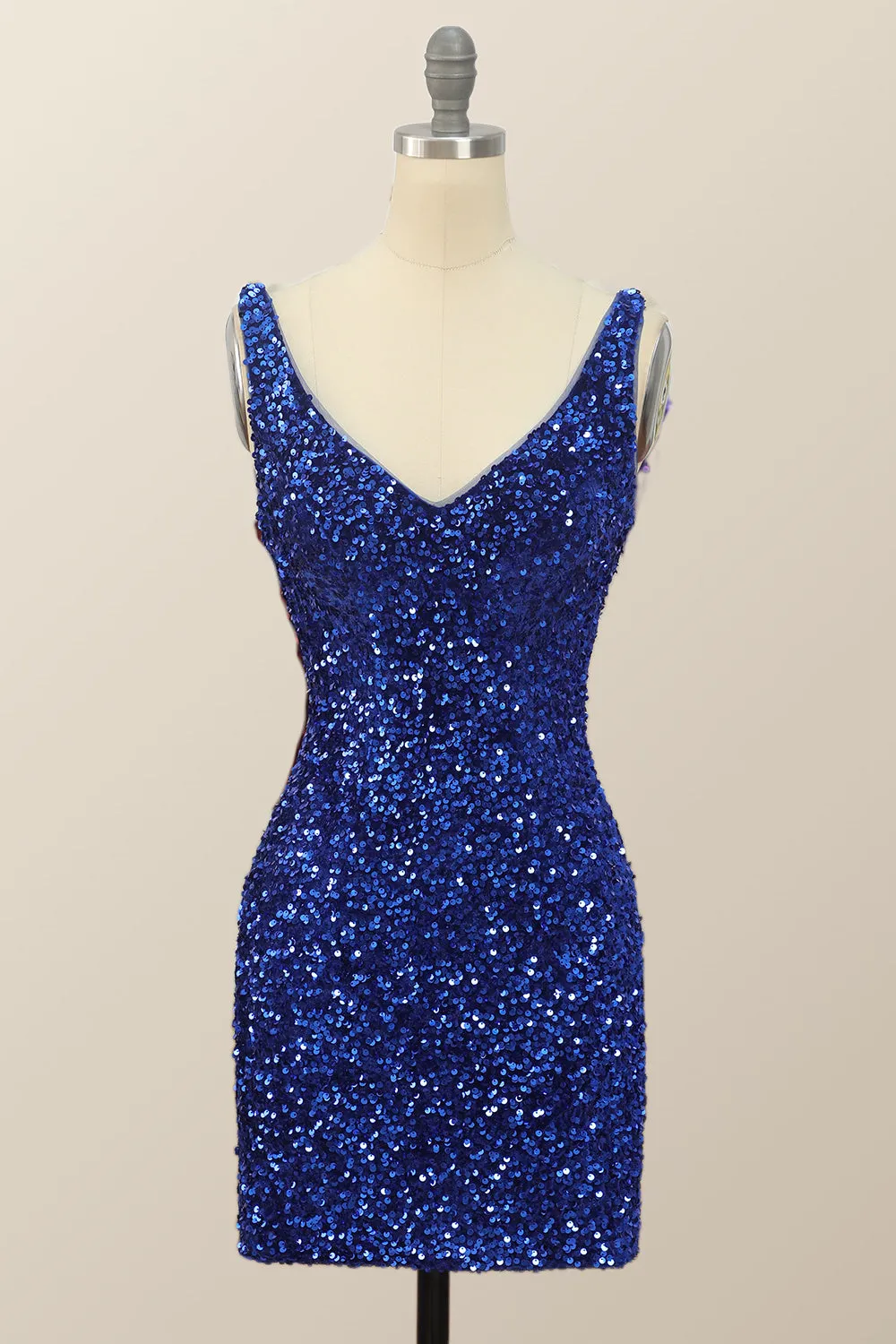 V Neck Royal Blue Sequin Bodycon Mini Dress