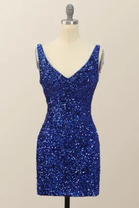 V Neck Royal Blue Sequin Bodycon Mini Dress