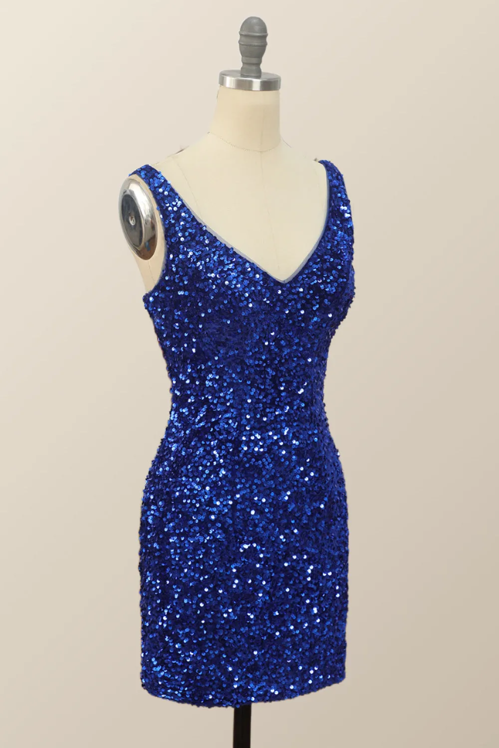 V Neck Royal Blue Sequin Bodycon Mini Dress