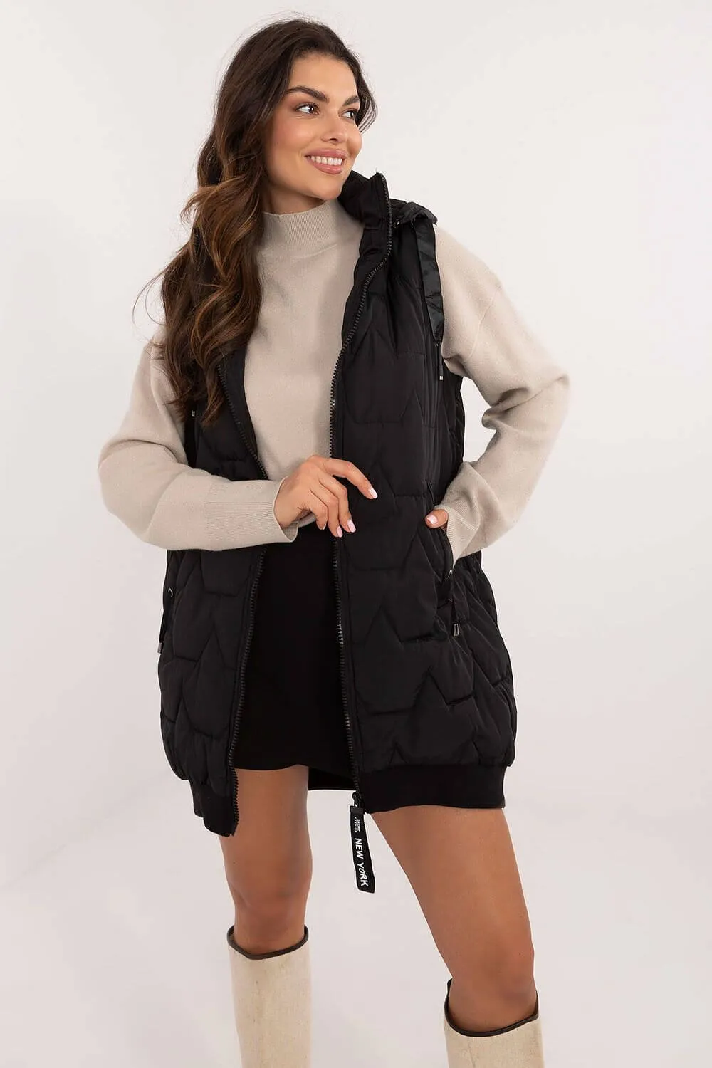 Versatile Warmth: Quilted Knee-Length Vest with Detachable Hood