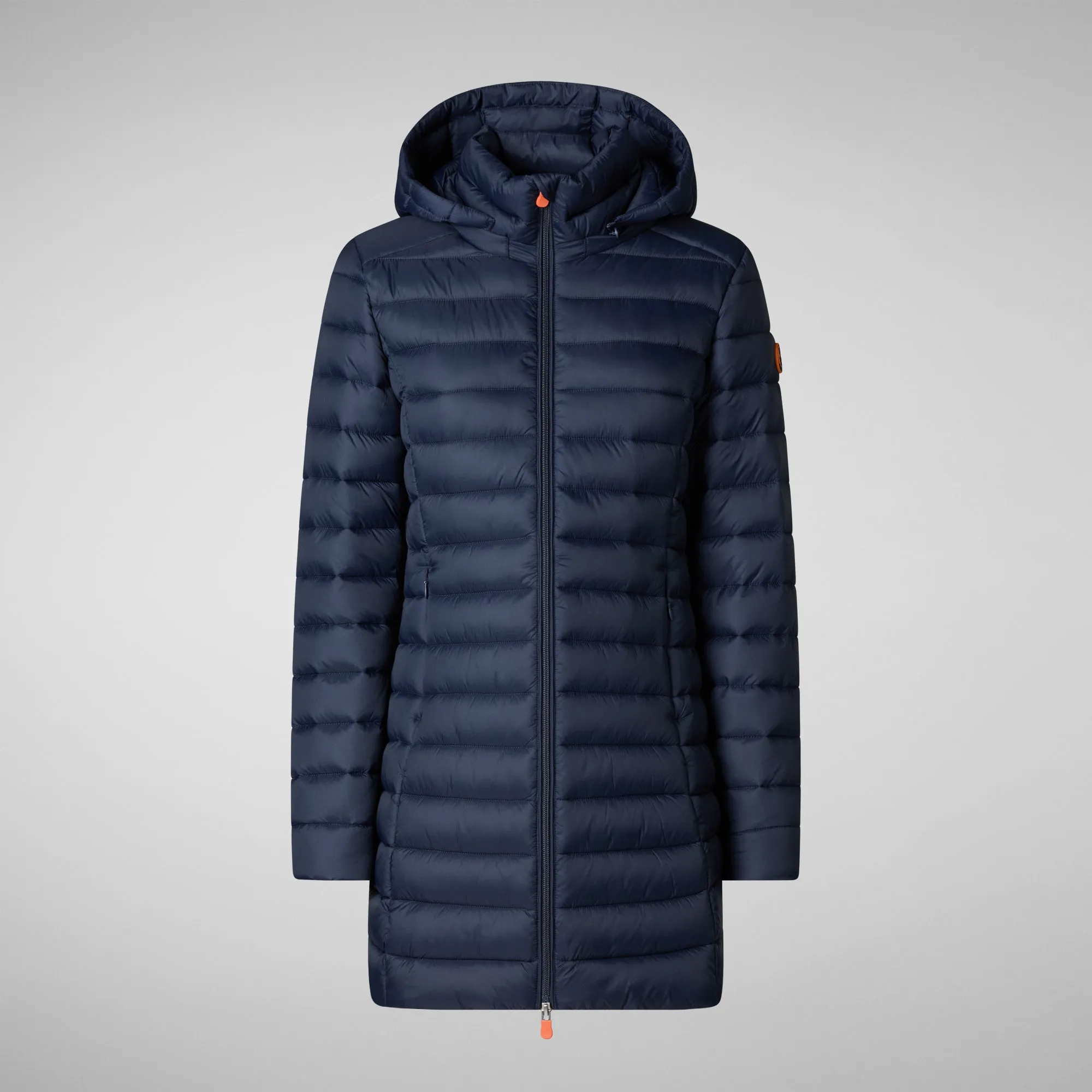 Here is an optimized title for the product:

Navy Blue Womens Hooded Puffer Coat - Animal-Free, Stylish, and Warm

This title includes descriptive and enticing modifiers to attract attention while keeping the relevant product information clear.