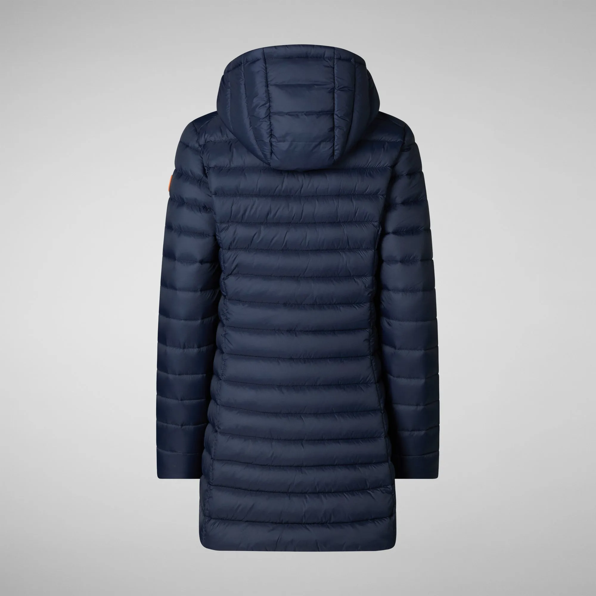 Here is an optimized title for the product:

Navy Blue Womens Hooded Puffer Coat - Animal-Free, Stylish, and Warm

This title includes descriptive and enticing modifiers to attract attention while keeping the relevant product information clear.