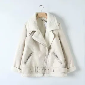 Womens's faux fur collar jacket coat turn down collar zipper biker jacket