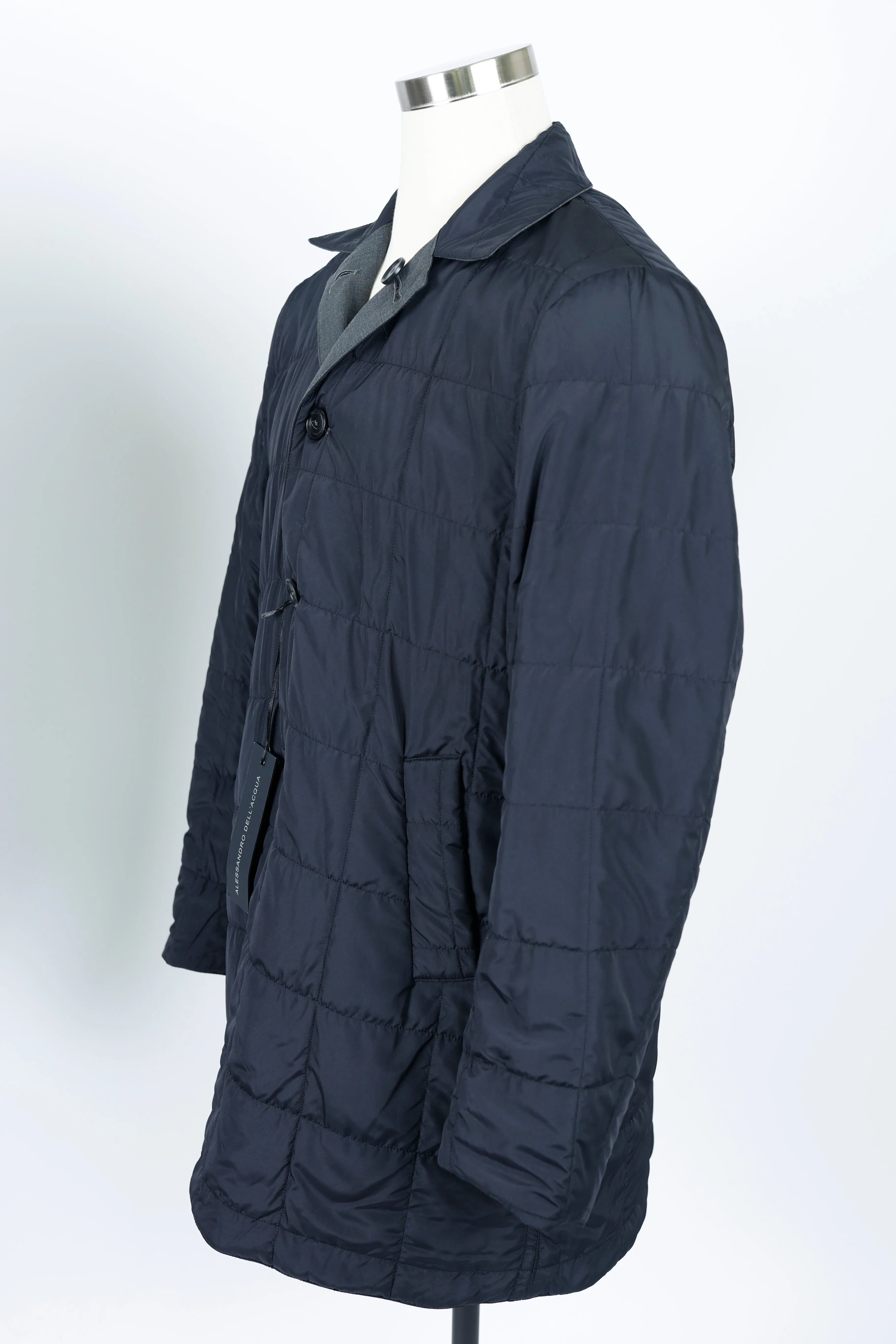 Wool Quilted Reversible Dress Coat-Navy/Grey