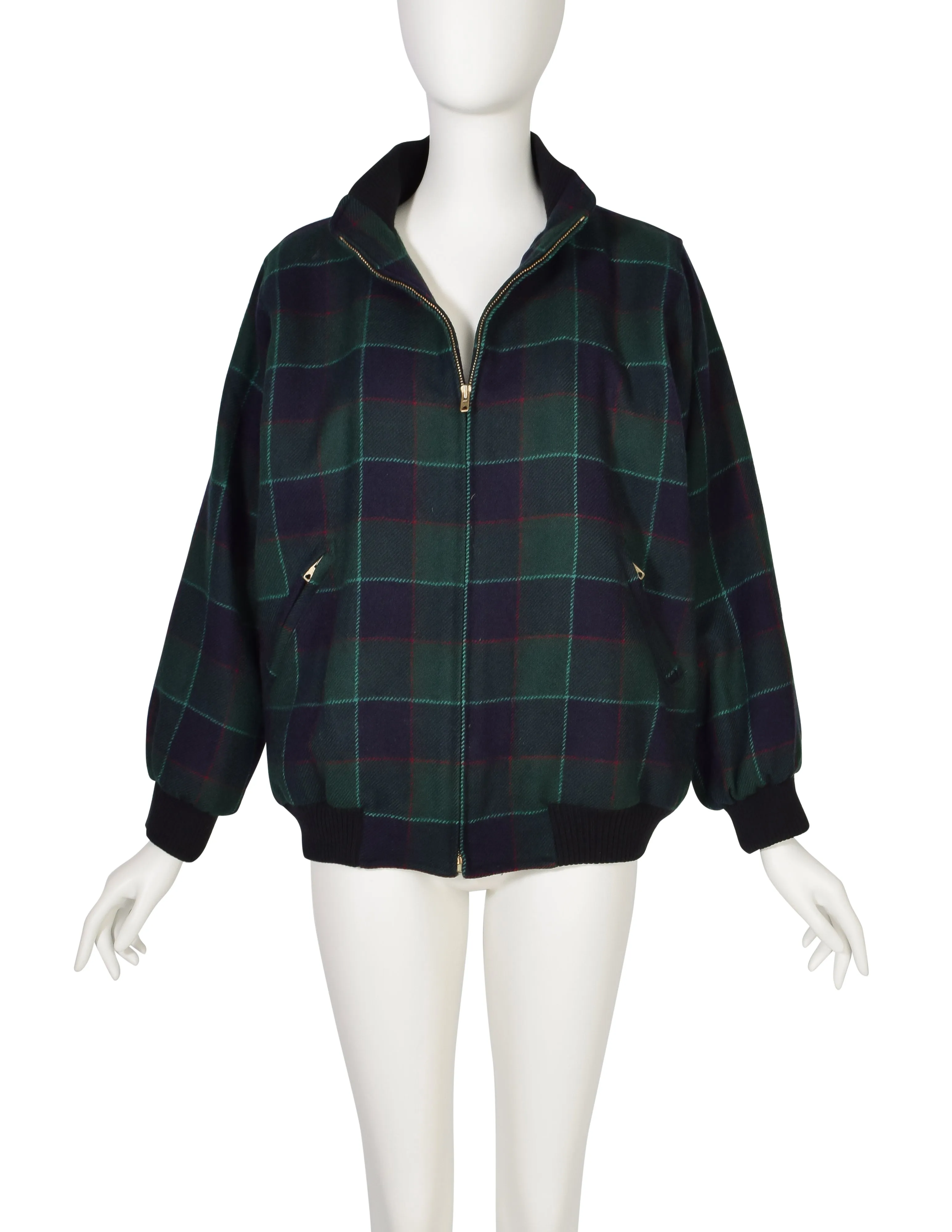 Yves Saint Laurent Vintage 1970s Green Blue Plaid Wool Bomber Style Jacket