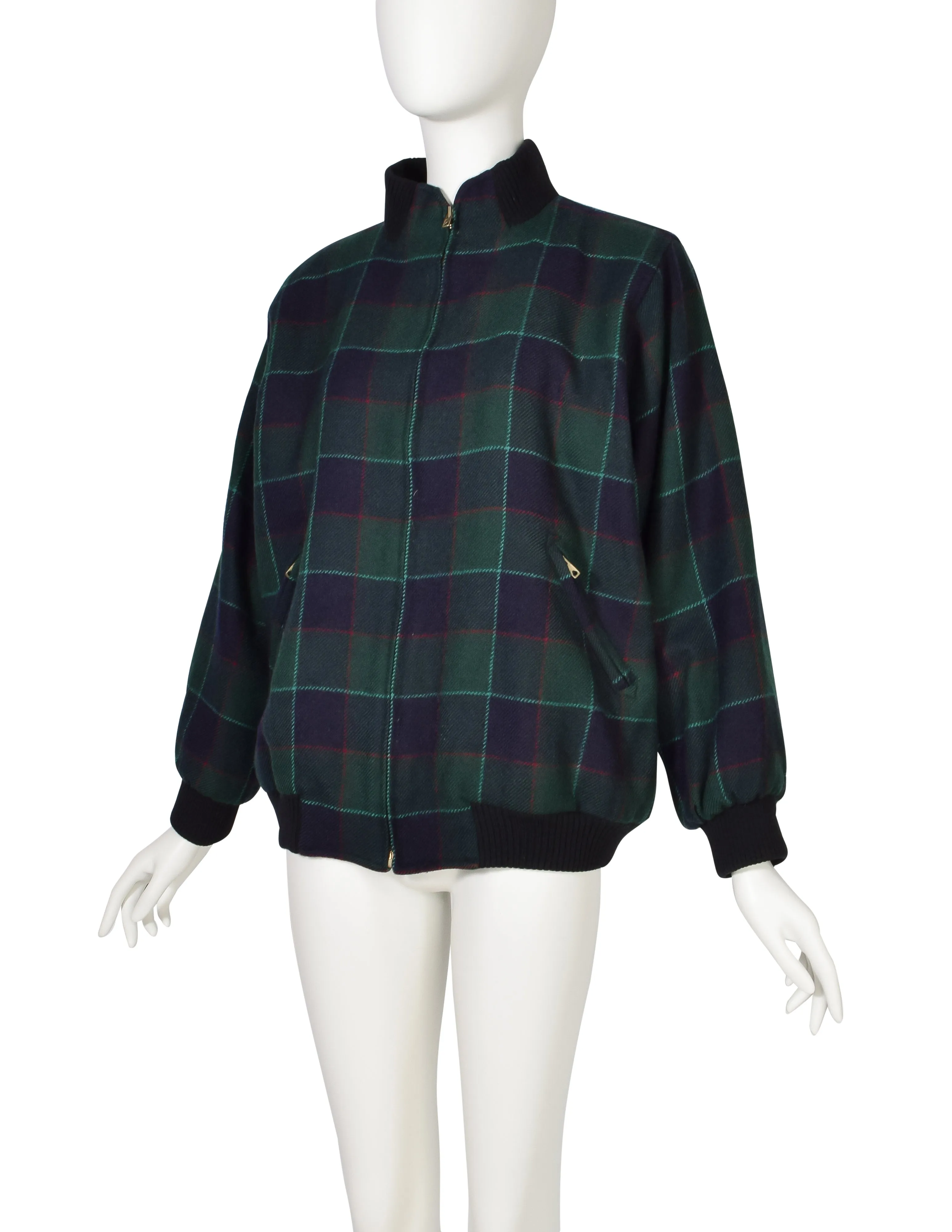 Yves Saint Laurent Vintage 1970s Green Blue Plaid Wool Bomber Style Jacket